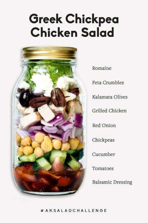 Healthy Greek Chickpea Chicken Salad loaded with chickpeas, grilled chicken, feta, kalamata olives, red onion, tomato and a homemade light greek dressing. Toss this simple greek salad together in a bowl, layer in a mason jar or put in meal prep containers for the week! Chickpea Chicken Salad, Chickpea Chicken, Mason Jar Lunch, Chicken Feta, Grain Salads, Salad Quinoa, Salad Jar Recipe, Greek Chickpeas, Mediterranean Flavors