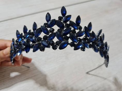 blue crystal tiara, navy blue crown, navy tiara, wedding hair accessories, dark blue crown, bridal crown, flowergirl crown, bridal tiara Wedding Dark Blue Theme, Dark Blue Hair Accessories, Dark Blue Party Theme, Dark Blue And Silver Wedding, Dark Blue Tiara, Bluebonnet Wedding, Dark Blue Crown, Dark Blue Wedding Theme, Writing Outfits