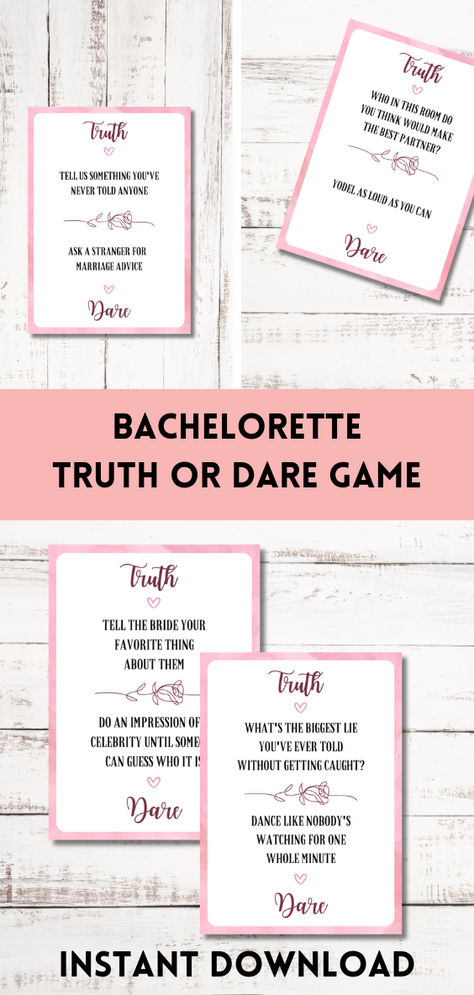 Get ready for a night of laughter, secrets, and unforgettable memories with our beautifully designed printable bachelorette truth or dare cards! Perfect for the bride-to-be’s last fling before the ring, this game is a blend of cheeky challenges and heartfelt confessions. Simply pin this to your Bachelorette Party Ideas board, download, print, and let the games begin! #BachelorettePartyGames #TruthOrDare #PrintableGames #BrideToBe #HenNightIdeas #PartyPlanning #InstantDownload Games Bachelorette Party, Last Fling Before The Ring, Truth Or Dare Games, Hen Night Ideas, Dare Games, Game Hen, Printable Board Games, Hen Party Games, Truth Or Dare