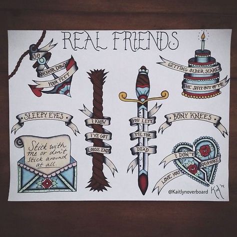 real friends tat Real Friends Tattoo, Real Friends Band Tattoo, Bands Tattoo, Punk Tattoos, Punk Tattoo, Pop Punk Bands, Free Friends, Flash Sheet, Tattoo Flash Sheet