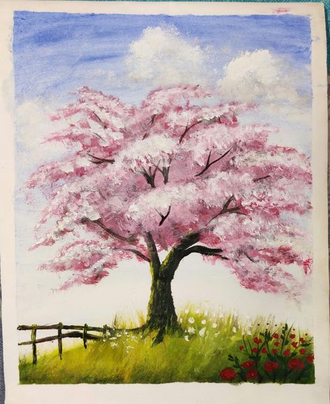 Spring Trees Painting, Painting A Tree On Canvas, Painted Cherry Blossoms, Pink Tree Drawing, Spring Painting Ideas Easy, Cherry Tree Drawing, Sakura Tree Painting, Pink Tree Painting, Cherry Blossom Paintings