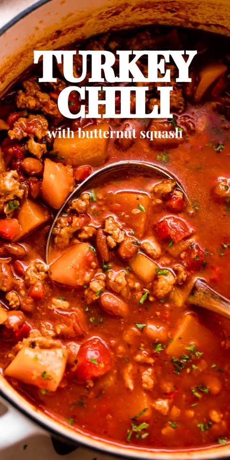 It's chili weather! This Turkey Chili is hearty and so, so delicious prepared with ground turkey, butternut squash, beans, spices, and tomatoes. Easy to make, wholesome, and ready in about an hour – the perfect one-pot meal! Turkey Chili Butternut Squash, Ground Turkey And Butternut Squash, Turkey Butternut Squash Chili, Ground Turkey Butternut Squash, Turkey Butternut Squash, Butternut Squash Chilli, Turkey Chili Recipe Easy, Turkey Chilli, Squash Chili