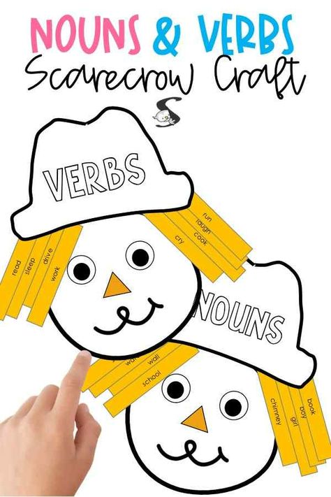 Fun Noun Verb Sort Game Craft Scarecrow Theme Verb Activities, Teaching Nouns, Verbs For Kids, Verb Games, Teaching Verbs, Nouns Activities, Cute Scarecrow, Verbs Activities, Homeschool Fun