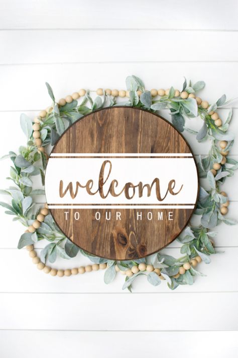 Download this free Welcome to Our Home SVG, Silhouette file, and Prints! It is the perfect SVG for farmhouse rounds. The file can also be used for square and rectangular signs. The files can be used for the Cricut, too. It's a great Silhouette or Cricut farmhouse decor project. #farmhousestyle #svg #freesvg #silhouettecameo #cricut Square Wood Sign Ideas, Welcome To Our Home Svg Free, Round Home Sign, Circle Welcome Signs, Square Welcome Sign, Circle Wood Signs, Round Welcome Door Signs, Home Signs Diy, Cricut Welcome Sign