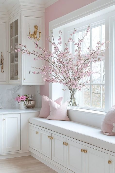 White Kitchen With Pink Accents, Light Pink Kitchen Cabinets, Soft Pink Kitchen, Cherry Blossom Kitchen, Pink Kitchen Ideas, Cherry Blossom Decor, Pastel Kitchen, Fancy Kitchens, Elegant Interior Design