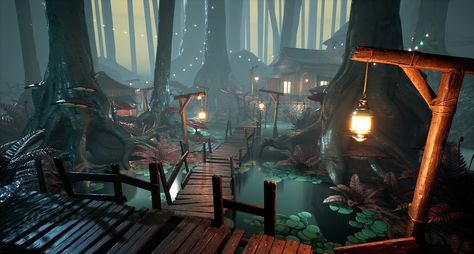 Swamp Fantasy Village, Swamp Town Concept Art, Swamp Village Concept Art, Swamp Village Art, Swamp Village Fantasy Art, Fantasy Fishing Village, Minecraft Swamp Village, Swamp Concept Art, Fantasy Marketplace