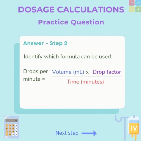 🌟 Hit that like button if you want to see more dosage calculation examples ❤️ Dosage Calculation Practice Question for student nurses, registered nurses and nursing associates. Follow these simple steps using the drug formula to work out the IV drip rate. Drug calculations made easy! #dosage #dosagecalculation #drugcalculations #nclexpreparation #nclexquestions #pharmacology2 #pharmacologymcq #pharmacologymadeeasy #nursingtips #nursingnotes Dosage Calculations, Nclex Questions, Iv Drip, Medical School Essentials, Nursing Tips, Formula Cans, Nursing Notes, Like Button, School Essentials