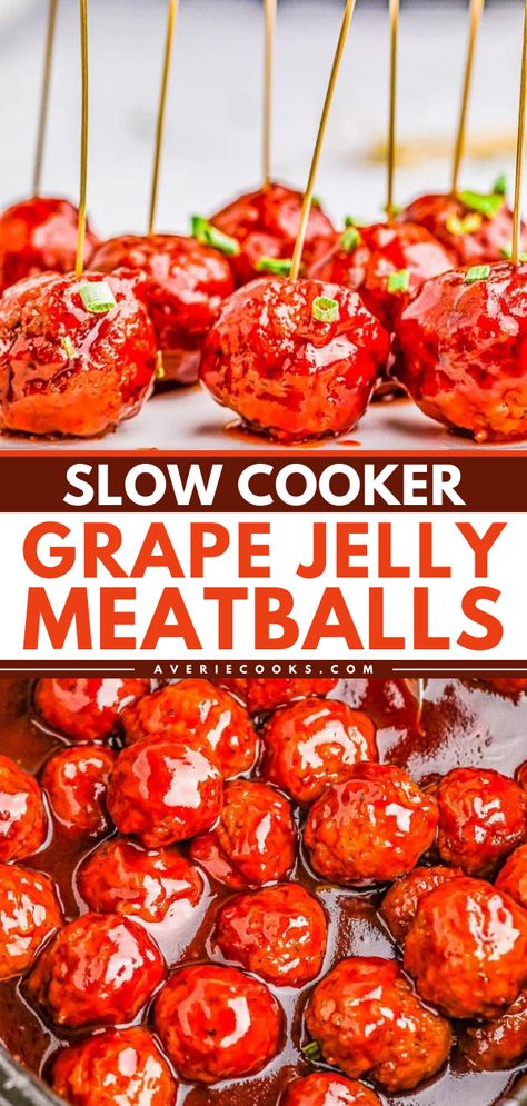 Such an easy Christmas appetizer! 3 ingredients are all you need for this crockpot meatball recipe. Saucy and loaded with flavor, these Slow Cooker Grape Jelly Meatballs are amazing. Everyone will love them as a Thanksgiving party food idea, too! Slow Cooker Grape Jelly Meatballs, Crockpot Grape Jelly Meatballs, Saucy Meatballs, Easy Slow Cooker Meatballs, Honey Garlic Meatballs, Honey Barbecue Sauce, Jelly Meatballs, Grape Jelly Meatballs, Honey Barbecue