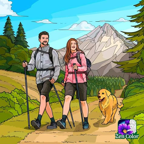 Couple Hiking Illustration, Hike Illustration, Camping Goals, Bamboo Drawing, Couples Illustration, Couple Holiday, Outdoor Images, Memory Drawing, Summer Drawings