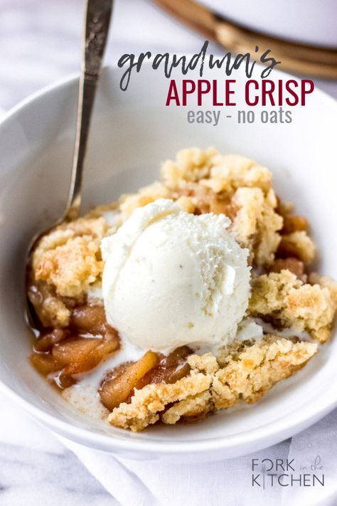 Make this favorite fall dessert tonight - it's incredibly easy and has no oats! Serve with ice cream for a sweet treat! #forkinthekitchen #dessert #fallrecipes #apples | Fork in the Kitchen Easy Apple Cobbler, Apple Crisp No Oats, Apple Crisp Without Oats, Slow Cooker Apple Crisp, Fall Desserts Apple, Homemade Apple Crisp, Easy Apple Crumble, Apple Crisp Topping, Best Apple Crisp Recipe