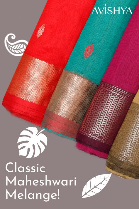 Classic Maheshwari Melange! Definitely a treat to silk cotton saree lovers. Stunning range of Maheshwari sarees featuring classic and traditional buttas that elevate the grace and elegance of the saree. Vibrant colours, unique designs and top-notch quality, we're sure you every saree from this collection is one of a kind. Check it out for yourself! Butta Design, Silk Cotton Sarees, Cotton Sarees, The Grace, Floral Motifs, Vibrant Colours, Cotton Saree, Floral Motif, Classic Style