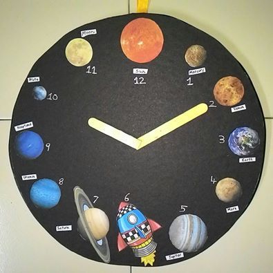 Clock Model For School Project, Planets In Solar System, Planet Crafts, Planets Solar System, Solar System Model, Chart Paper, Ice Cream Sticks, Clock Craft, Toddler Quiet Book