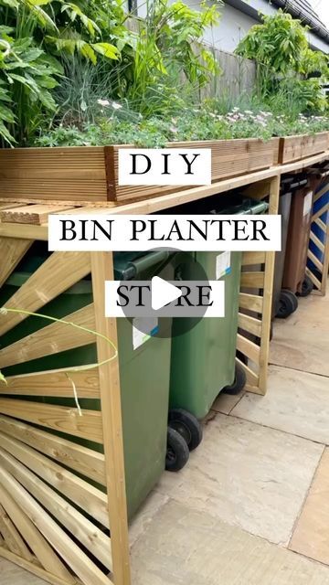 Jen Rothbury on Instagram: "The DIY bin planter store step by step - most details in the reel but any questions just let me know - we made it up as we went along based on our old bin store we made, just added more supports to corners as we have 203 billion bins so the decking on the top has to be pretty long! Now the question is do I bother painting it all or leave as is? . #binstore #planter #diygarden #gardenproject" Diy Garbage Bin Storage, Outside Bin Storage Ideas, Side Of House Trash Can Storage, Front Steps Planter Ideas, Hide Your Trash Can Outside, Bin Storage Ideas Outdoor Diy, Bin Cover Ideas, Diy Bin Storage Outdoor, Wooden Bins Storage Diy Projects