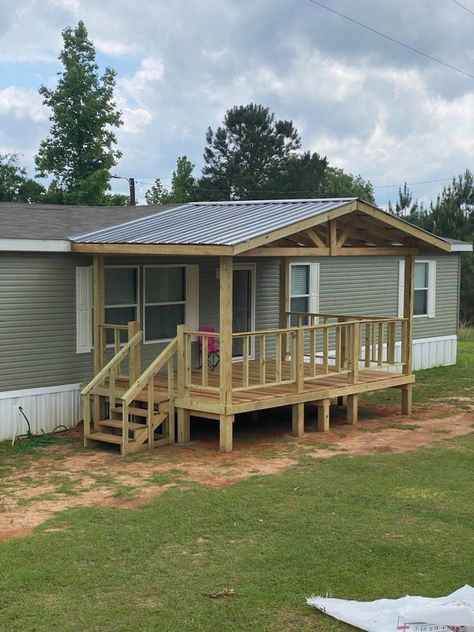 Front Porch For Double Wide Mobile Homes, Covered Porch On Mobile Home, Diy Front Porch Mobile Home Deck Plans, Modular Home Decks Porches, Single Wide Front Porch, Trailer Covered Porch, How To Build A Small Porch, Mobil Home Porch Ideas Decks, Mobile Home Covered Deck