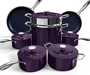 Purple Kitchen, Natural Ceramic, Cooktops, Cookware Sets, Kitchen Cookware, Ceramic Coating, Cookware Set, Pots And Pans, Stay Cool