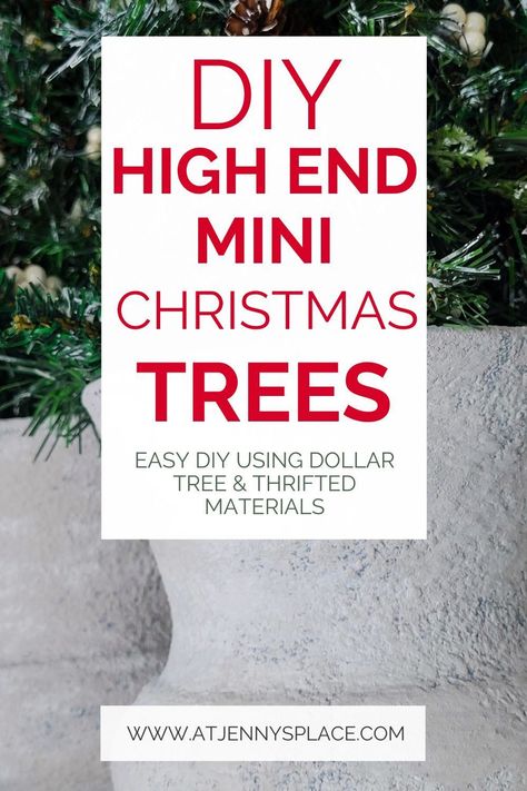 Find out how you too can make these high end Christmas tree urns from thrifted and Dollar Tree materials. Gorgeous faux stone urns. Easy and inexpensive DIY holiday home decor. Small Outdoor Christmas Tree Ideas, Christmas Trees In Urns, Diy Faux Christmas Tree, Diy Christmas Tree Planter, Repurposed Artificial Christmas Tree, Christmas Tree Urn Stand, Christmas Topiary Outdoor, Christmas Topiary Diy, Christmas Tree In Urn