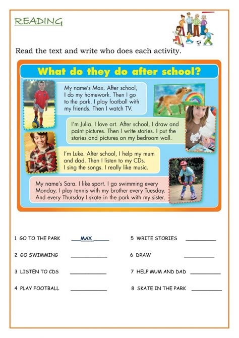 After School Activities Worksheets, After School Worksheet, After Reading Activities, After School Activities, Comprehension For Class 4 English, Comprehension For Class 4 With Questions, After School Activities For Kids, Jobs Reading Comprehension, Comprehension Passage Class 4