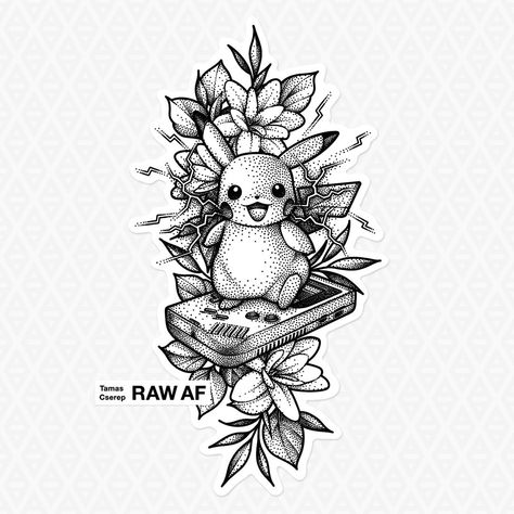 Pikachu tattoo! Colored Flowers Tattoo Design, Pikachu Eevee Tattoo, Cute Pokemon Tattoo Design, Pokemon Line Art Tattoo, Pokemon Flower Tattoo, Pokemon Outline Tattoo, Pikachu Tattoo Ideas, Pokemon Black And White Tattoo, Kawaii Anime Tattoo