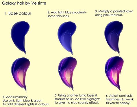 Tutorial - Galaxy hair by Velsinte How To Draw Galaxy, Hair Art Drawing, Galaxy Tutorial, Cat Eye Tutorial, Drawing Texture, Hair Color Swatches, Texture Ideas, Draw Tutorial, Galaxy Eyes