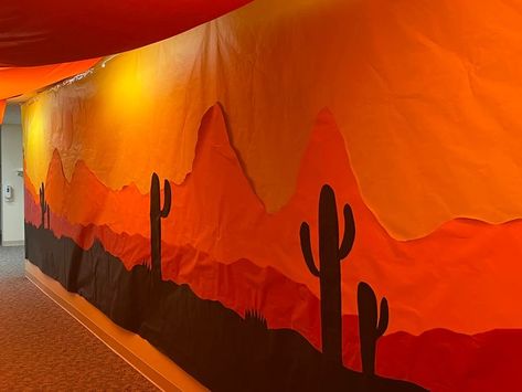 Desert Backdrop Ideas, Wild West Dance Theme, Desert Prom Theme, Wild West Hallway Decorations, Wild West Hoco Theme, Western Stage Decor, Desert Theme Party Decorations, Wild West Props, Western Dance Decorations