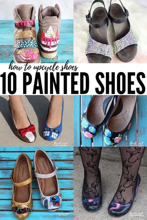 10 Upcycled Painted Shoes Glow Up DIY I love upcycled shoes! I love giving new life to clothing items so they don't just end up in the landfill. I am a big fan of the old adage: "Use it up, wear it out, make it do--or do without!" I have been upcycling and painting shoes for decades. Diy Shoe Refashion, Fabric Covered Shoes Diy, Diy Shoe Painting Ideas, Glow Up Shoes, Painting Leather Shoes, Fabric Covered Shoes, Upcycle Shoes, Ice Cream Shoes, Shoe Hacks