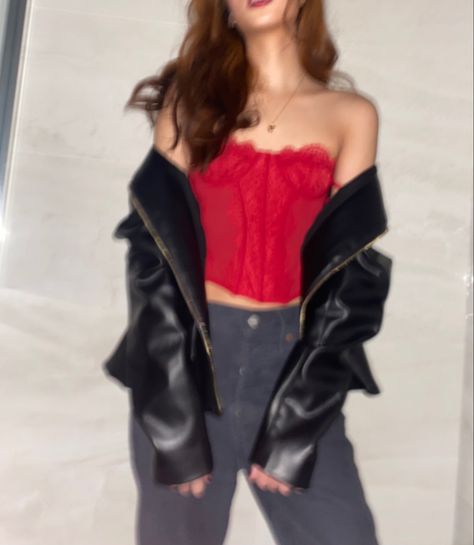 #fashion Red Party Outfit Aesthetic, Red Corset Aesthetic, Red Corset Outfit Casual, Corset Outfit Red, Red Corset Outfit Aesthetic, Red Top And Jeans, Red Corset Top Outfit, Red Corset Outfit, Corset Outfit Aesthetic