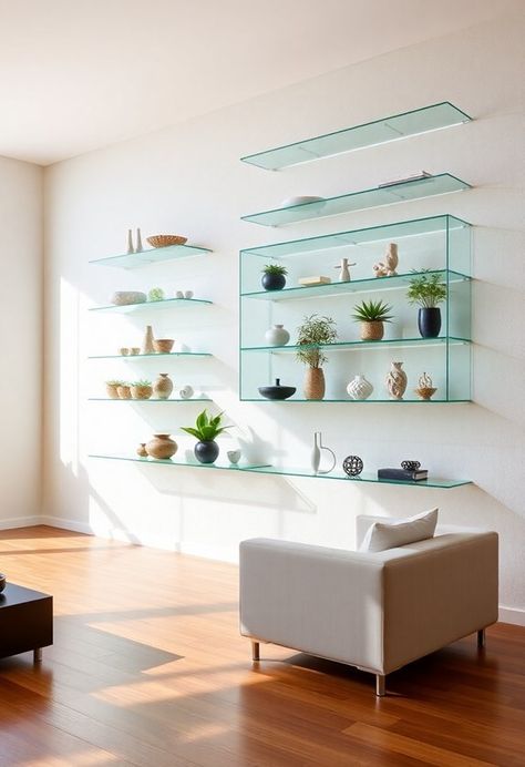 Glass shelving is a transformative addition that enhances both the aesthetics and functionality of your living room. These sleek, modern shelves elevate decor by showcasing art, books, and plants, creating an illusion of space. Explore various stylish ideas to seamlessly integrate glass shelving into your living space for a sophisticated touch. Books And Plants, Modern Shelves, Glass Wall Shelves, Glass Shelving, Illusion Of Space, Modern Shelf, The Aesthetics, Art Books, Glass Wall