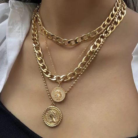 Gold And Jewelry, Chunky Gold Necklaces, Chunky Gold Chain, Good Luck Necklace, Necklace Stack, Gold Coin Necklace, Coin Pendant Necklace, Gold Bride Jewelry, Multi Layer Necklace