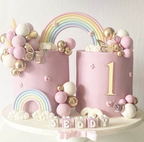 Girls First Birthday Cake, Cake Designs For Boy, Twin Birthday Cakes, Twins Cake, 1st Birthday Girl Decorations, 1st Birthday Party For Girls, Rainbow Birthday Cake, Unicorn Birthday Cake