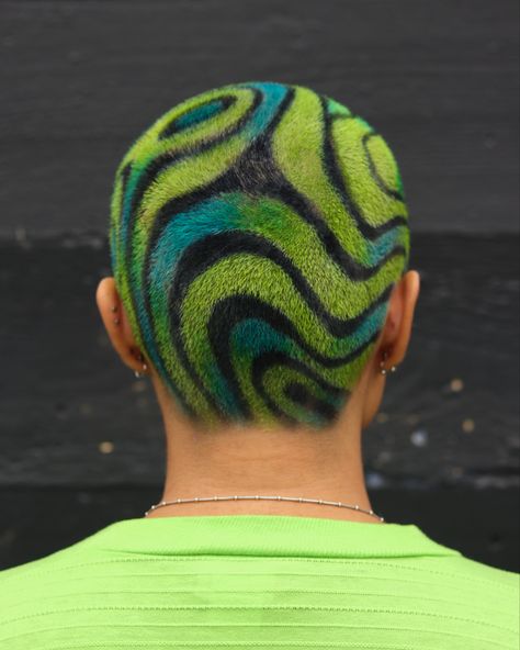 neon green and blue with spirals hair Neon Green Buzzcut, Green And Blue Hair Dye, Green Buzzcut Women, Mens Green Hair, Buzzcut Pattern Dye, Bleached Hair Designs Men, Dyed Buzzed Hair Women, Buzzcut Dyed Hair Men, Buzzcut Pattern