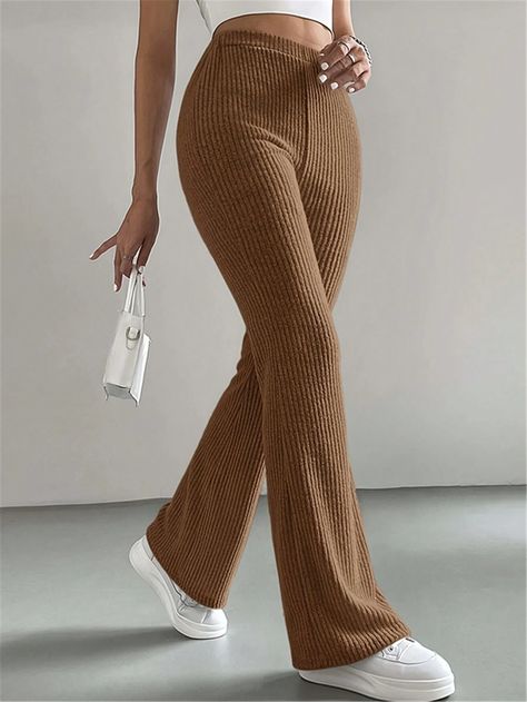 Trendy Pants For Women, Flare Pants Outfit, Ribbed Flare Pants, Classy Pants, Free Pants, Trendy Pants, Shein Pants, Stil Elegant, Looks Street Style