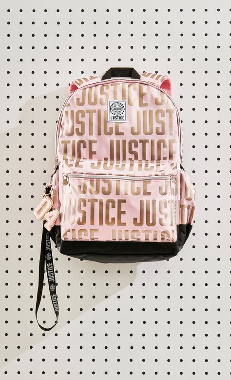 It even comes with a lanyard! Pink School Backpack With Detachable Strap, Justice Pencil Case, Playful Pink Cheap Backpack, Justice Backpacks, Lanyard Pink, Justice Store, Pink Zipper Closure Standard Backpack, Pink Metallic, Laptop Backpack