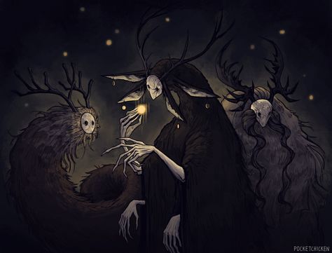 ArtStation - The Primordial Spirits Spirit World Concept Art, Evil Forest Spirit, Night Creatures Art, Unseelie Fae Art, Forest Spirits Art, Dark Forest Creatures, Shadow Creature Concept Art, Forest Spirit Aesthetic, Spirits Illustration