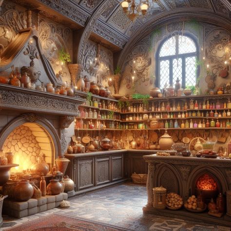 Kitchen of the Cheerful Witches Witches Kitchen Inspiration, Witch's Hut Interior, Fantasy Kitchen, Witch's House Rpg, Witch Kitchen Art, Witch Lair Concept Art, Witch Hut Interior Concept Art, Witch House Interior Illustration, Castle Kitchens