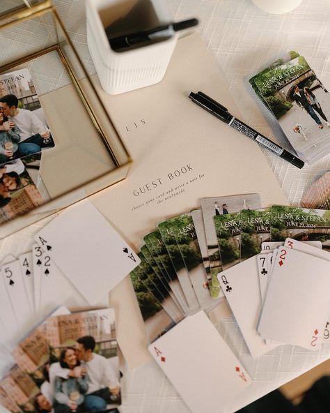 L and S’s wedding details (1/6)⁠ ⁠ The pre-ceremony welcome 🥂⁠ ⁠ First up, the welcome bubbly because there’s no better excuse to start the celebrations early than on your wedding.⁠ ⁠ Next up might be the sweetest guest book alternative we’ve seen in a while. L and S LIVE for a game of cards. So it felt like the truest lightbulb moment to have guests write their notes on a deck of cards. Not to mention the perfect way to utilize some gorg engagement pics. ⁠ And of course, our custom petal tos... Engagement Photo Guest Book, Guest Book Playing Cards, Postcard Guest Book Wedding, Deck Of Cards Guest Book, Alternatives To Guest Books, Playing Card Guest Book, Deck Of Cards Wedding, Cards Table Wedding, Guest Book Wedding Ideas