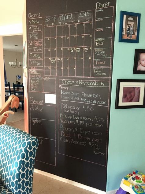 Chalkboard Wall Ideas Kitchen, Chalkboard Wall Living Room, Family Wall Planner Ideas, Kitchen To Do List Board, Chalkboard Organization Wall, Family Chalkboard Ideas, Family Planner Wall Kitchen, Chalkboard Ideas For Home, Family Wall Planner