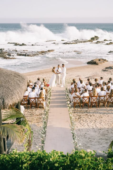 Esperanza Resort Cabo Wedding Destination Small Wedding, Wedding In Cabo, Simple Beach Wedding Setup, Small Beach Wedding Aesthetic, Wedding Photos On The Beach, Spanish Beach Wedding, Rustic Beach Wedding Ideas, Beach Chapel, Neutral Beach Wedding