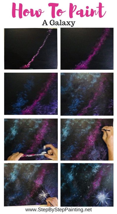 Galaxy Painting - Step By Step Acrylic Painting Tutorial Step By Step Galaxy Painting, How To Paint Galaxy Acrylic Step By Step, Galaxy Painting Acrylic Step By Step, Galaxy Bedroom Ideas Diy, Galaxy Painting Tutorial, Galaxy Tutorial, Galaxy Art Painting, Paint Galaxy, Galaxy Painting Acrylic