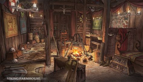 ArtStation - Farmhouse Interior, Gustine Salomon Viking Interior Design, Drawing Room Concept, Interior Concept Art, Viking House, Room Concept, House Interior Living Room, Fantasy Rooms, Medieval Houses, Interior Living Room