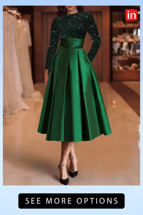 A-Line Cocktail Dresses Elegant Dress Christmas Red Green Dress Wedding Guest Tea Length Long Sleeve Jewel Neck Satin with Pleats Sequin 2023 Green Dress Wedding Guest, Green Dress Wedding, Red Green Dress, Cocktail Dress Elegant, Green Wedding Dresses, Cheap Cocktail Dresses, Gowns Elegant, Cocktail Dresses Online, A Line Cocktail Dress