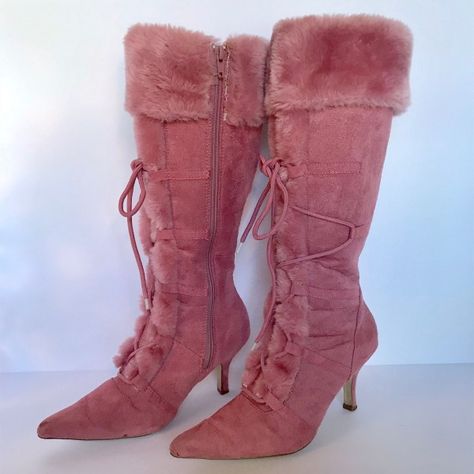 Pink Suede Fur Boots Lace up Stiletto Heel Mid-calf Boots for Party, Music festival, Date, Anniversary, Going out | FSJ Fitted Pink High Heel Boots, Pink High Heel Mid-calf Boots For Party, Fur Boots Heels, Fitted Pink Mid-calf High Heel Boots, Fitted Pink Knee-high High Heel Boots, Pink Fitted Ankle-high Heeled Boots, Pink Fur Heels, Flat Shoes, Fur Heels