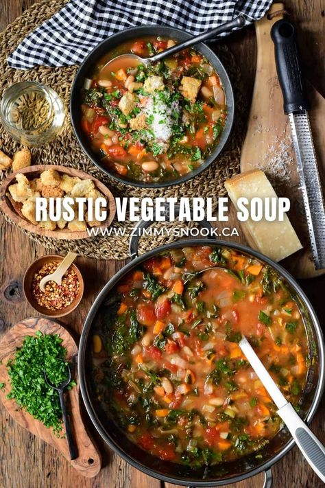 Rustic Vegetable Soup Tuscan Vegetable Soup Recipe, Fire Roasted Tomato Soup, Healthy Soup Vegetarian, Soup Recipes Healthy Vegetarian, Italian Vegetable Soup, Roasted Vegetable Soup, White Bean Soup Recipes, Tuscan Soup, Hearty Vegetable Soup