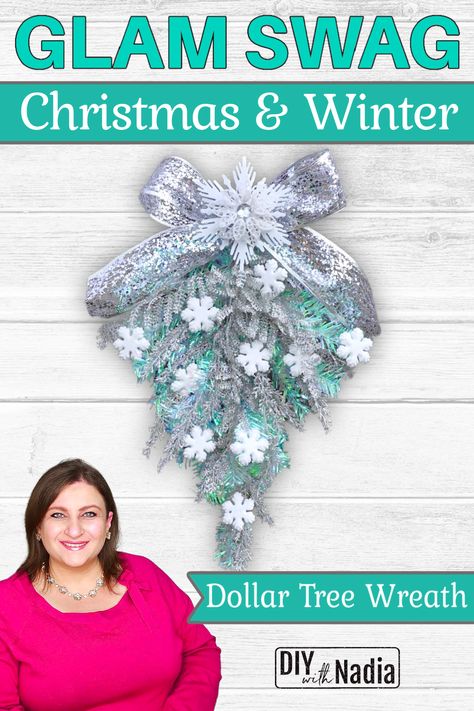 Dollar Tree Christmas Tree Snowflake, Dollar Tree Christmas Wreath Ideas, Dollar Tree Snowflake Wreath, Winter Wreath Diy Dollar Stores, Dollar Tree Christmas Tree Swag, How To Make A Swag Wreath, Swag Wreath Diy, Snowflake Wreath Diy, Dollar Tree Wreath Diy