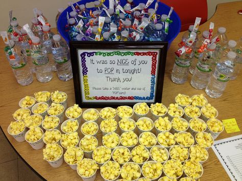 "It was so NICE of you to POP in tonight!" Open house snacks that both parents and students enjoyed! Nice! Brand water with Nice! Brand water flavor packets and cups of popcorn! Although the popcorn got everywhere it was definitely a crowd pleaser! :) for sure saving my sign and using it again for 1st grade open house next year! Meet And Greet Ideas For Work, Open House Ideas For Daycare, Open House Snack Ideas For Teachers, Daycare Open House Ideas, Parent Teacher Conference Ideas Snacks, Open House Treats For Parents, Open House Popcorn, Open House Treats For Students, Open House Snacks