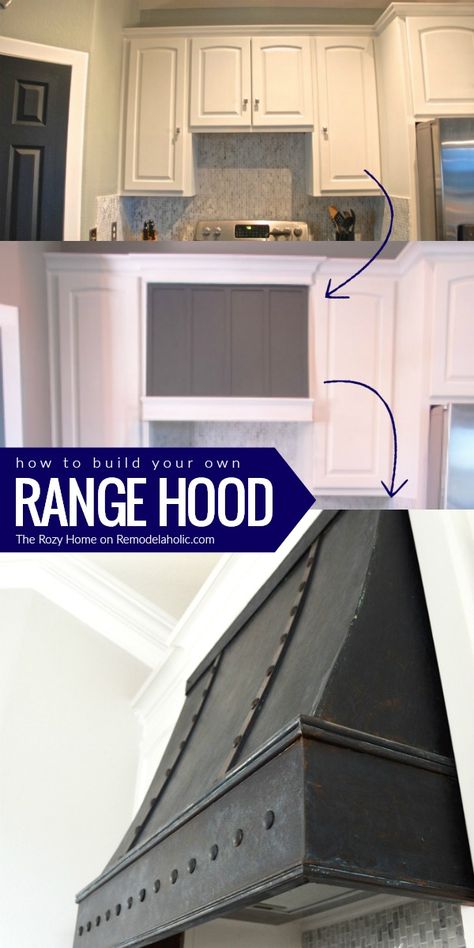 How to DIY a Custom Range Hood for Under $50 Adding Hood Over Stove, Mantel Style Range Hood, Stove Vents Ideas, Diy Exhaust Hood, Diy Oven Hood, Venthood Kitchen, Diy Stove Hood, Diy Vent Hood, Kitchen Cabinets Rustic