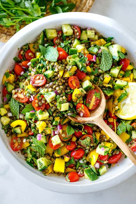 This Mediterranean-inspired lentil salad recipe is easy to make and bursting with summer flavor! Cold and refreshing, it's made with simple ingredients in just 30 minutes. Vegan and Gluten-free. Mediterranean Lentil Salad, Blueberry Margarita, Feasting At Home, Lentil Salad Recipes, French Green Lentils, Gluten Free Salads, Pomegranate Salad, Quinoa Healthy, Lentil Salad