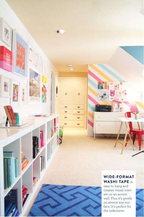 Colorful Living Spaces w/ the Land of nod  Washi tape on the wall {via Pencil Shavings Studio} Colorful Playroom, Room Aesthetics, Design Del Prodotto, White Furniture, Kids Playroom, Kid Spaces, Room Aesthetic, Bonus Room, Kids' Room