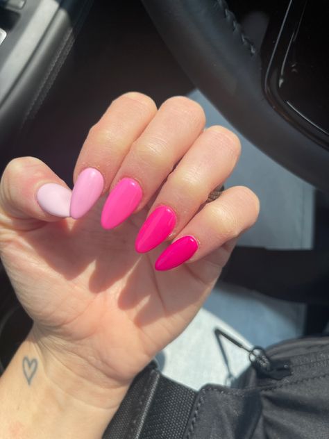 Almond nails. Shades of hot pink Almond Hot Pink Nails Designs, Hot Pink Almond Shaped Nails, Almond Hot Pink Nails, Almond Shape Hot Pink Nails, Almond Fushia Nails, Hot Pink Almond Nails, Different Color Nails, Pink Summer Nails, Plain Nails