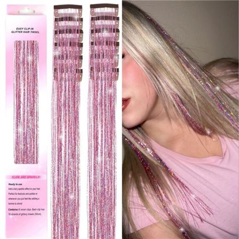 Upgraded Clip In Hair Tinsel Has A Metal Clip Design. No Professional Tools Needed, Just Need To Open And Close The Tension Clip To Remove And Installation. You Can Easily Incorporate The Glitter Into Your Hair And Instantly Become "Highlight Glitter" In Two Seconds. Easy To Use And Can Be Reused Again. Clip In Tinsel Hair Extensions Are Made Of 100% Durable Polyester Fiber For Maximum Holographic Sparkle And Shine. No Bad Smell, Non Toxic, Hair Quality Soft, Light And Super Smooth. Silk Feeling Pink Tinsel Hair, Tinsel Hair Extensions, Tinsel Hair, Pink Club, Glitter Highlight, Hair Glitter, Hair Tinsel, Wedding Halloween, Fairy Hair