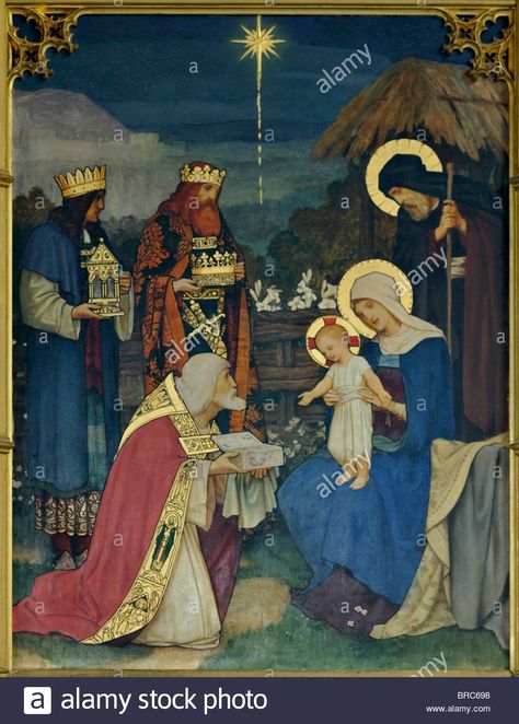 Download this stock image: Wooden panel depicting the nativity, St Nicholas Church, Blakeney, England - BRC698 from Alamy's library of millions of high resolution stock photos, illustrations and vectors. Wise Men Painting, Three Magi, Men Painting, St Nicholas Church, Woman In Gold, Christian Traditions, The Nativity, Star Of Bethlehem, Wooden Panel